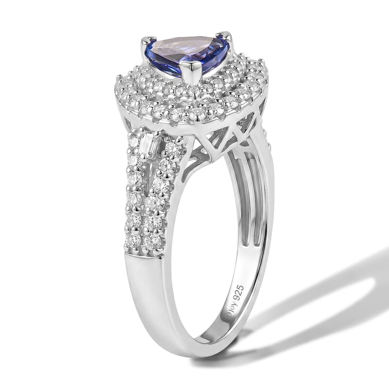 Certified & Appraised D'Joy Premium Tanzanite and Moissanite 2.00 ctw Ring in Rhodium Over Sterling Silver (Size 7.0)
