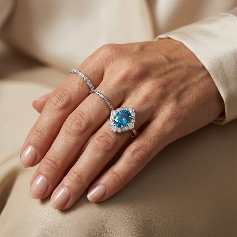 Certified and Appraised AAA Cambodian Blue Zircon and Luxuriant Lab Grown Diamond G-H SI 3.60 ctw Ring in 10K White Gold (Size 6.0)
