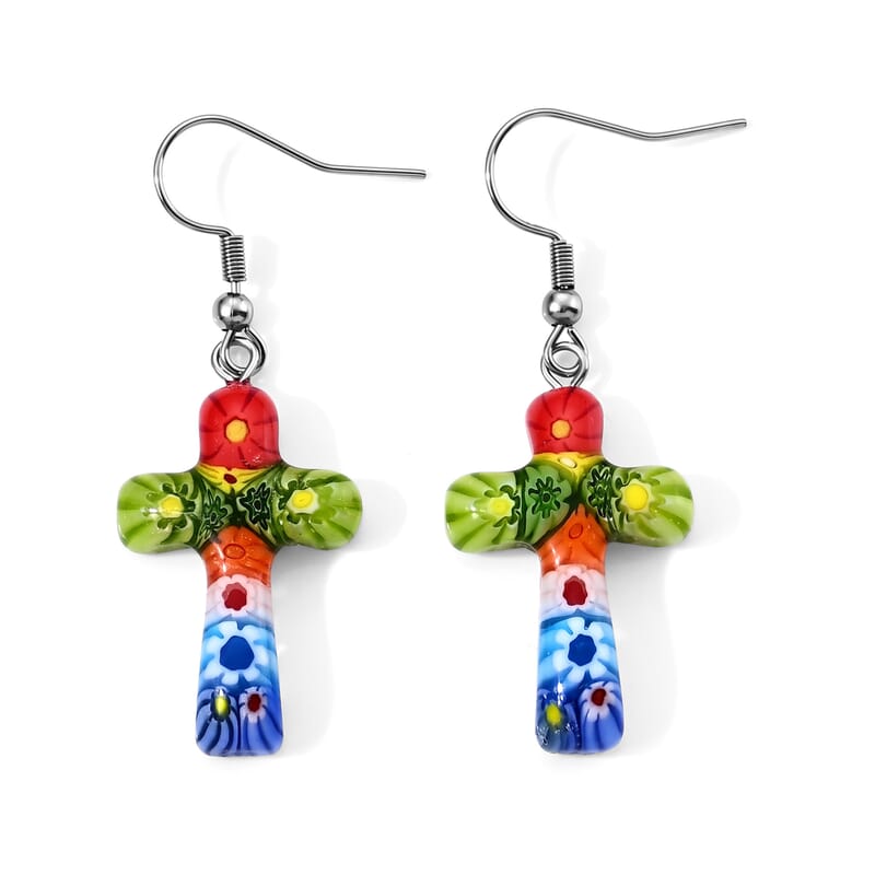 Multi Murano Style Sacred Cross Earrings in Stainless Steel