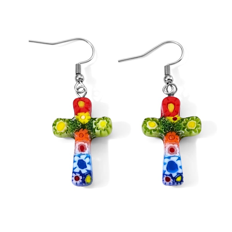 Multi Murano Style Sacred Cross Earrings in Stainless Steel