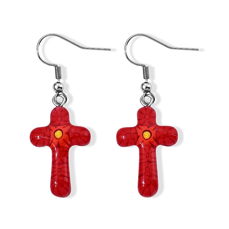 Blue Murano Style Sacred Cross Earrings in Stainless Steel