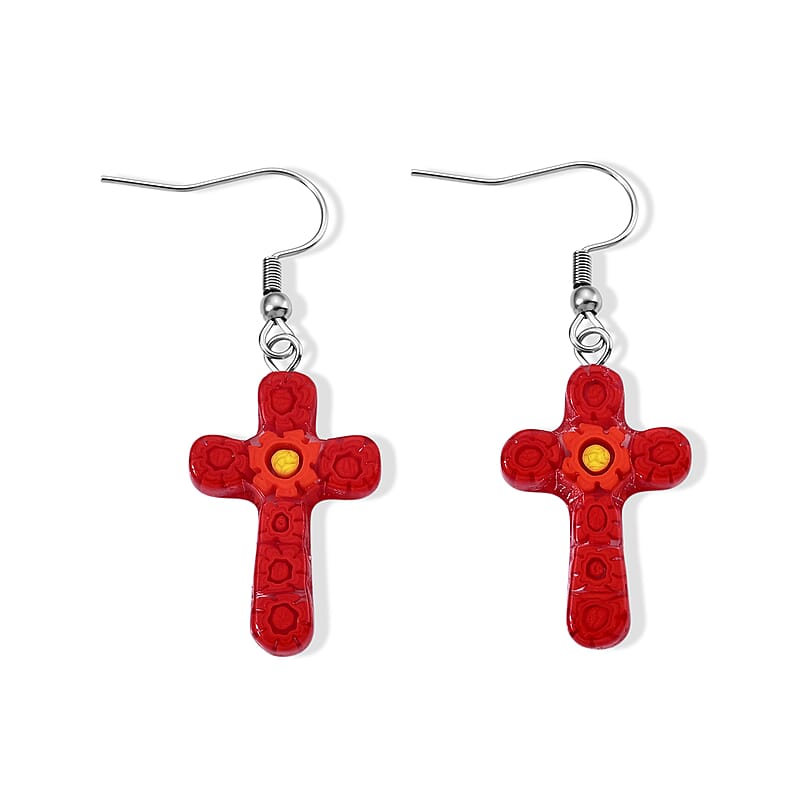 Blue Murano Style Sacred Cross Earrings in Stainless Steel