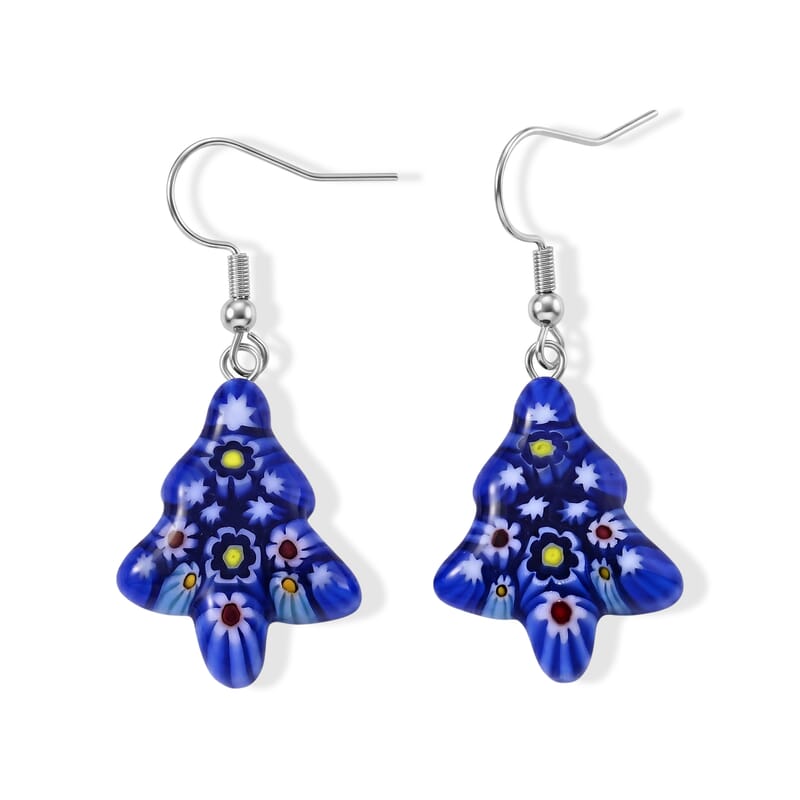 Blue Murano Style Tree Earrings in Stainless Steel