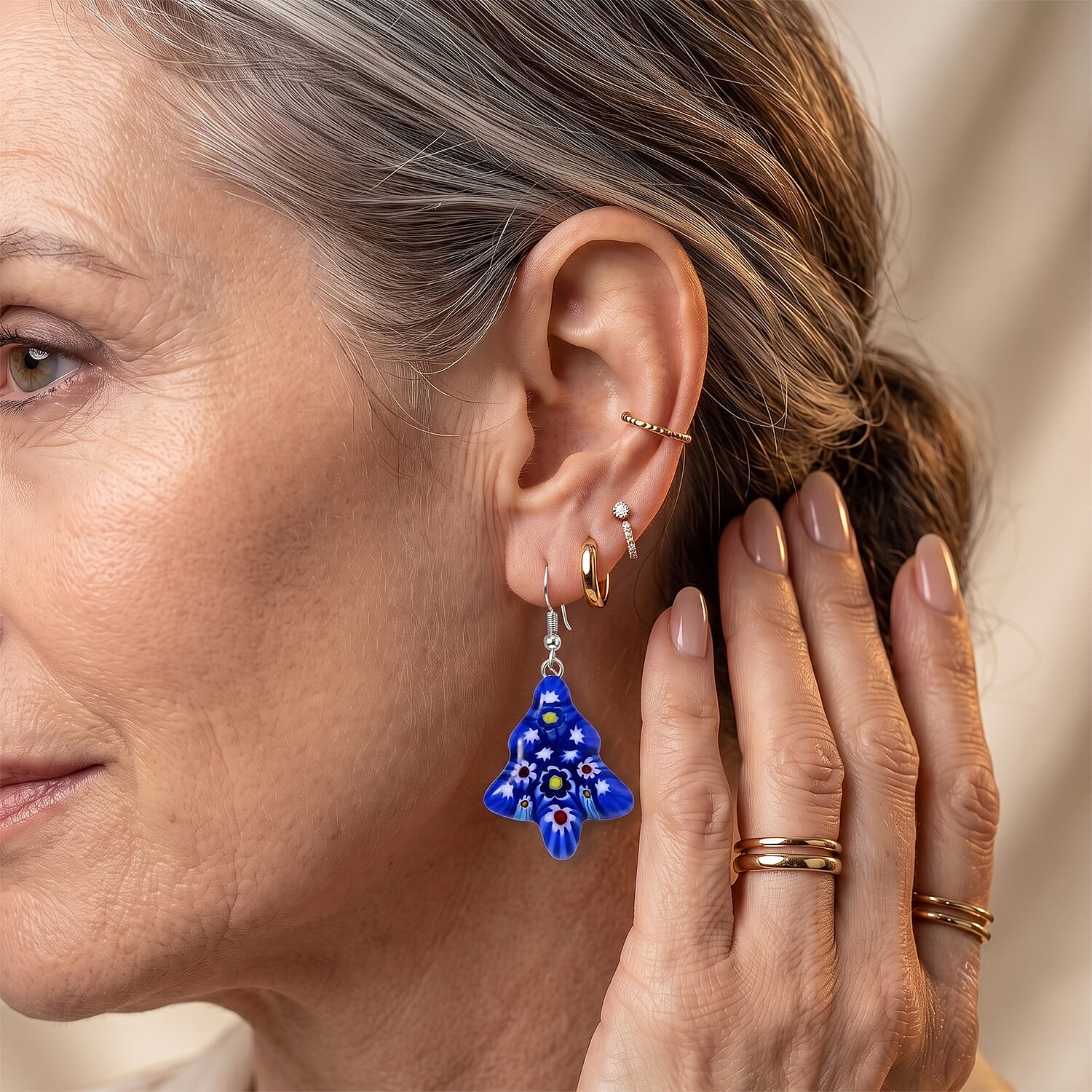 Blue Murano Style Tree Earrings in Stainless Steel