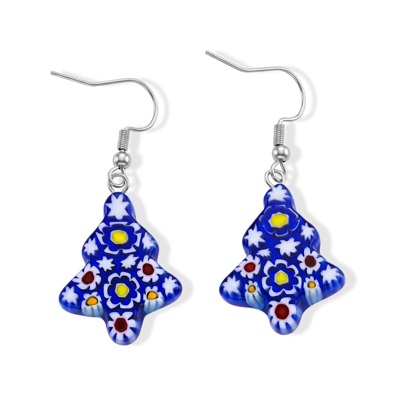 Blue Murano Style Tree Earrings in Stainless Steel