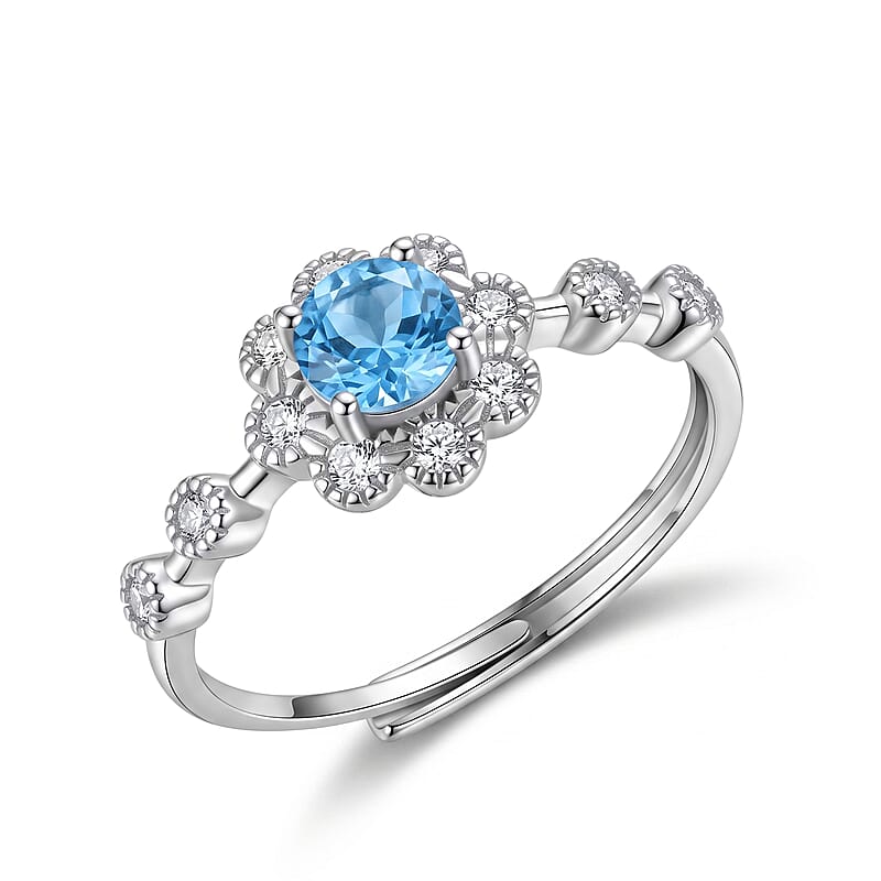 Blue Topaz and Simulated Diamond 2.00 ctw Ring in Silvertone (Adjustable)