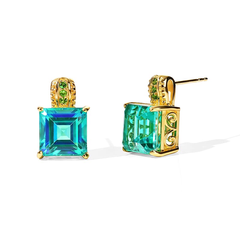 EverTrue Peacock Triplet Quartz and Chrome Diopside 11.60 ctw Stud Earrings in 18K YG Plated