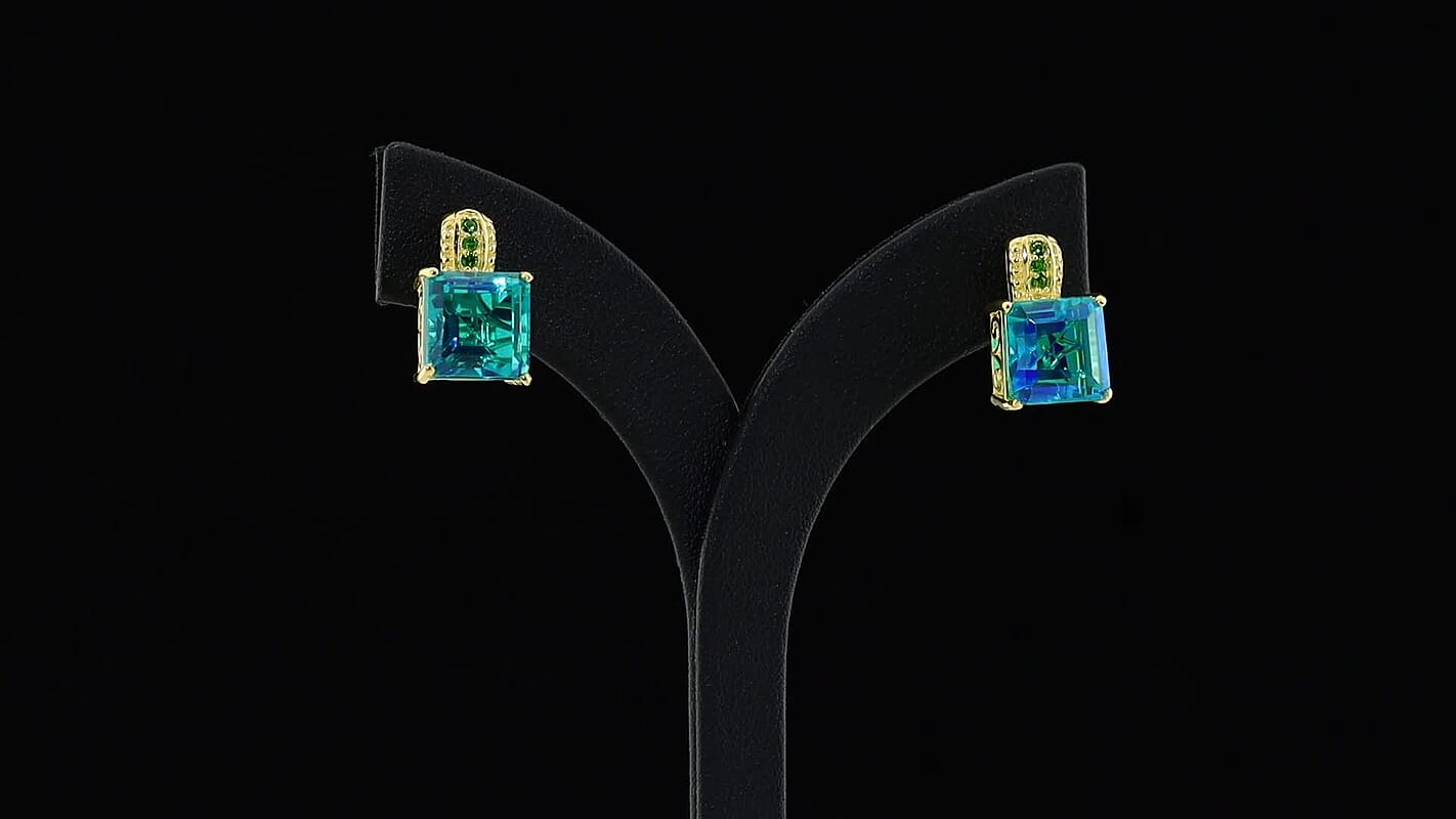 EverTrue Peacock Triplet Quartz, Chrome Diopside Stud Earrings in 18K YG Plated 11.60 ctw