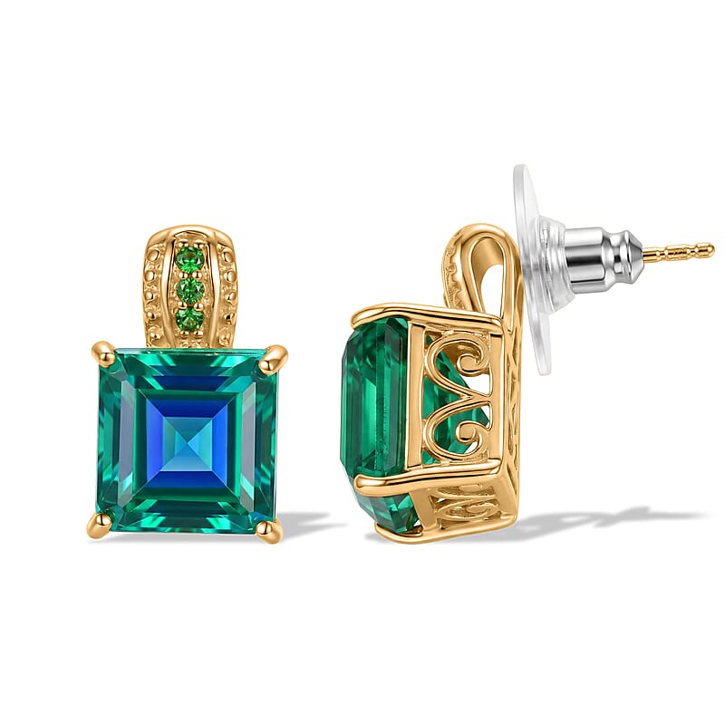EverTrue Peacock Triplet Quartz and Chrome Diopside 11.60 ctw Stud Earrings in 18K YG Plated