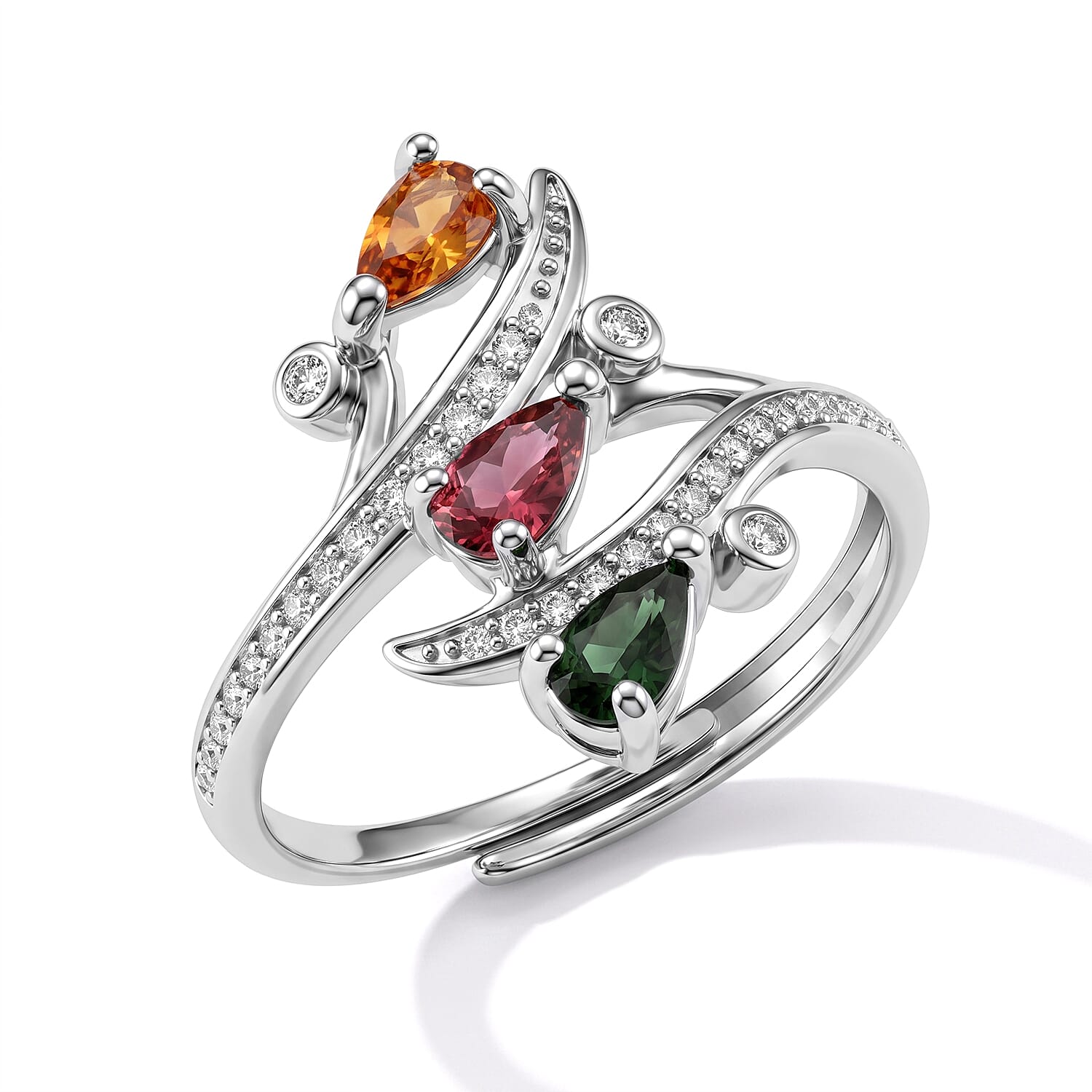 Multi-Tourmaline and Simulated Diamond 2.00 ctw Ring in Silvertone (Adjustable)
