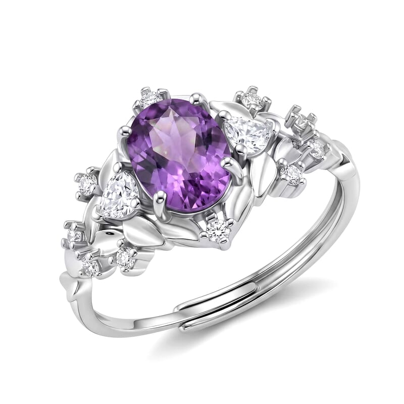 African Amethyst and Simulated Diamond 7.00 ctw Ring in Silvertone (Adjustable)
