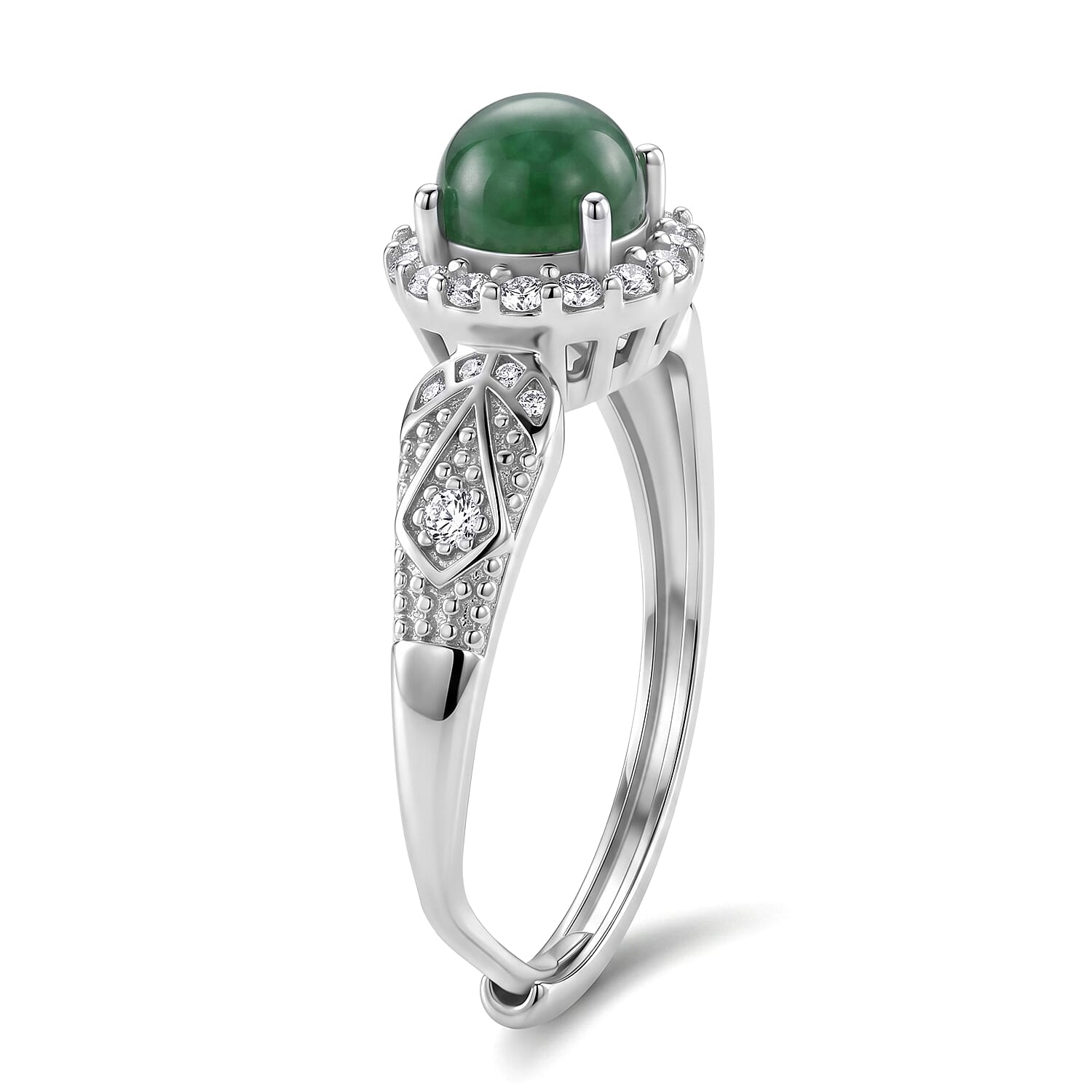 Nephrite and Simulated Diamond 5.00 ctw Ring in Silvertone (Adjustable)