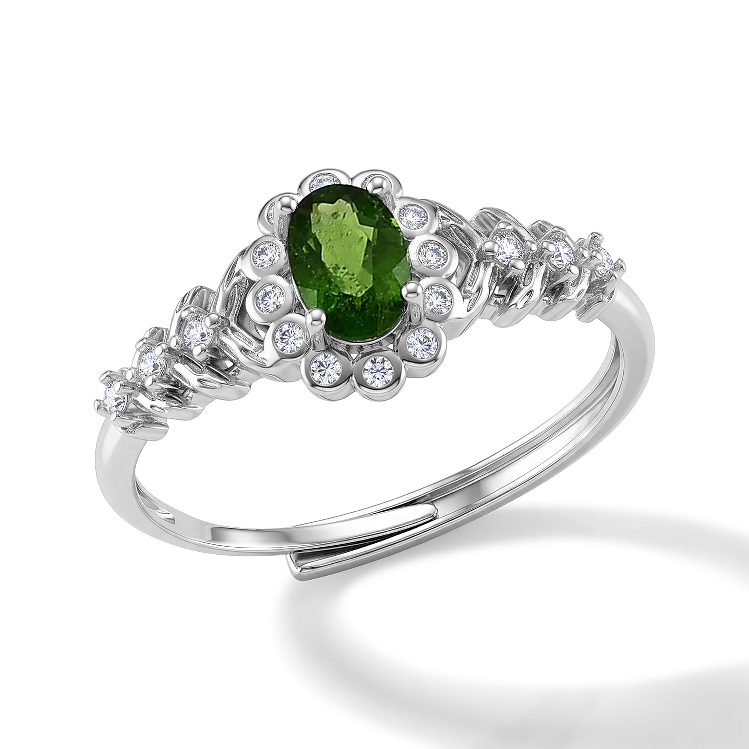 Chrome Diopside and Simulated Diamond 3.00 ctw Ring in Silvertone (Adjustable)