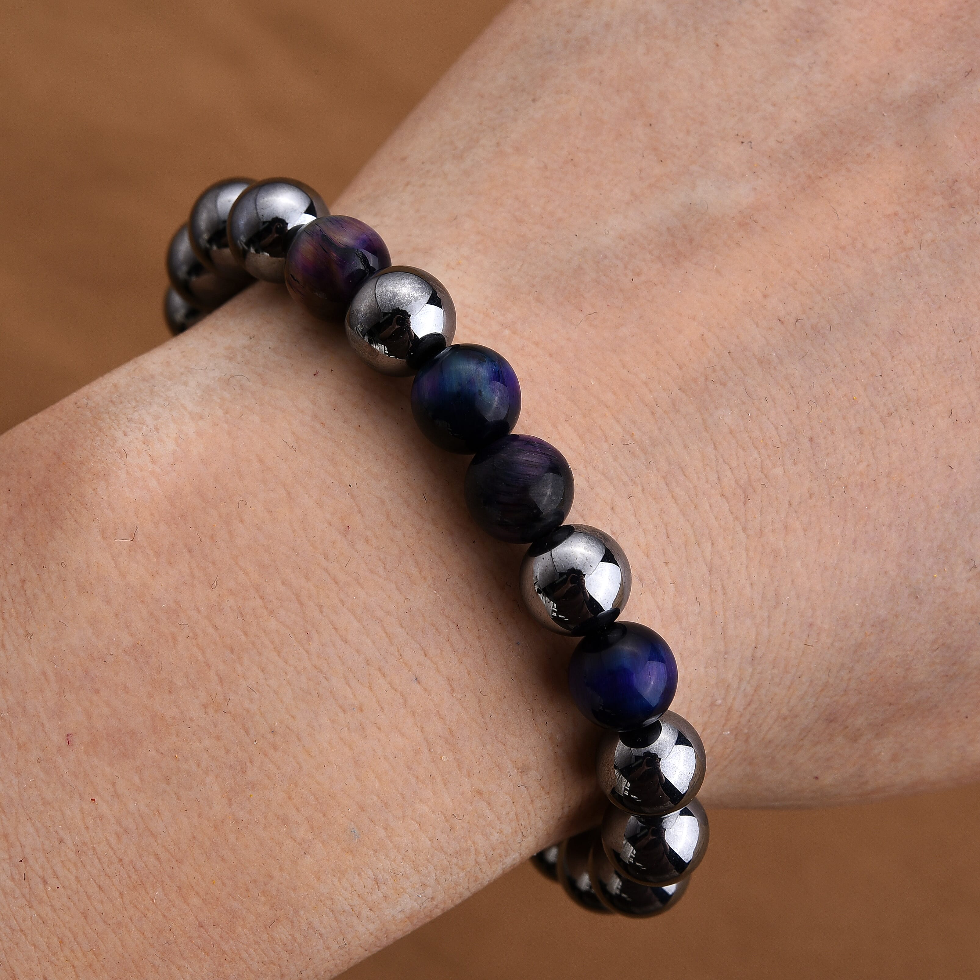 Mystic Color Tigers Eye and Terahertz 150.00 ctw Beaded Stretch Bracelet