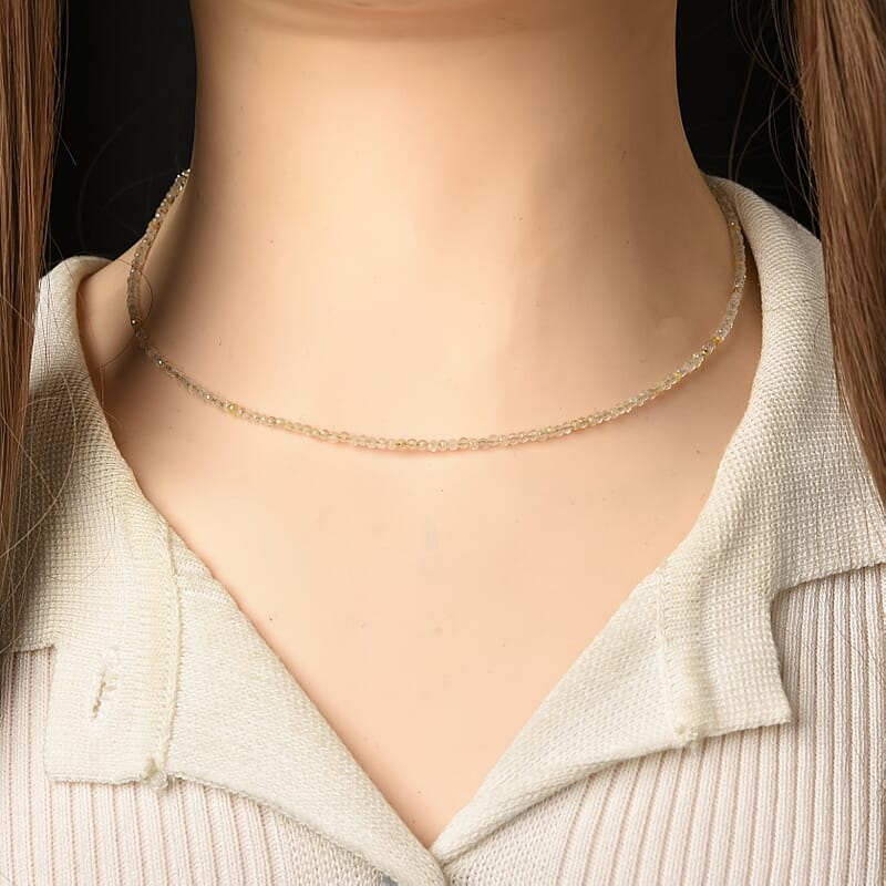 Golden Rutilated Quartz 10.00 ctw Beaded Necklace in Silvertone 15.5+17.5 Inches