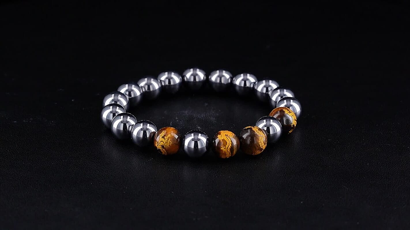 Yellow Tigers Eye and Terahertz Beaded Stretch Bracelet 150.00 ctw