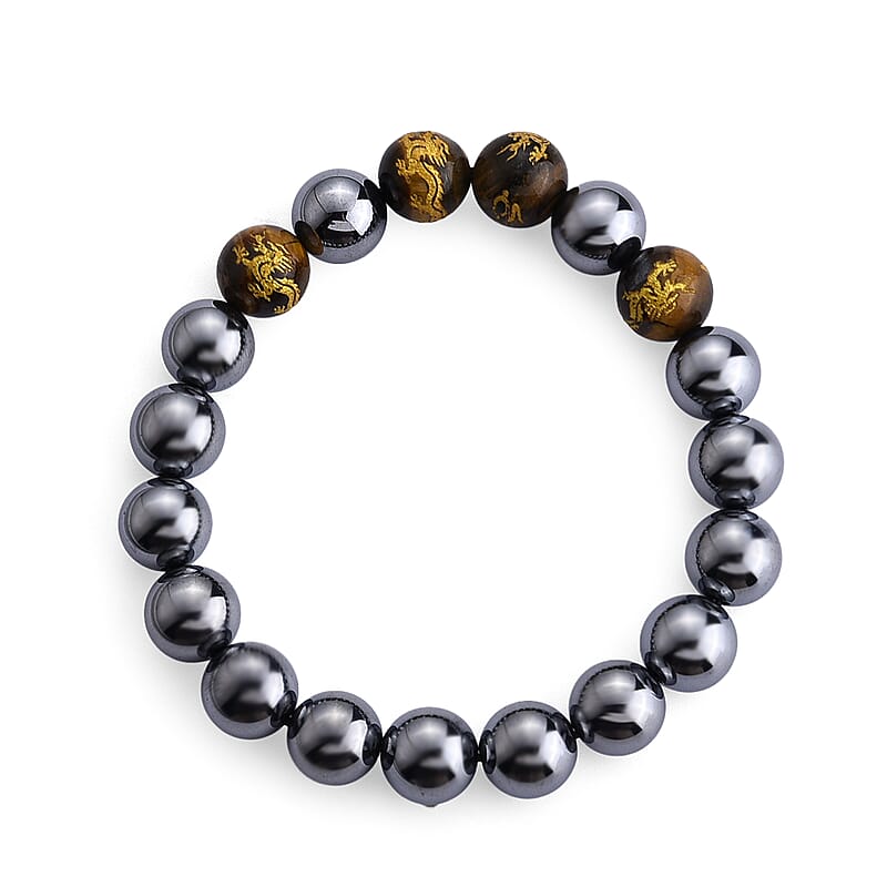 Yellow Tigers Eye and Terahertz 150.00 ctw Beaded Stretch Bracelet