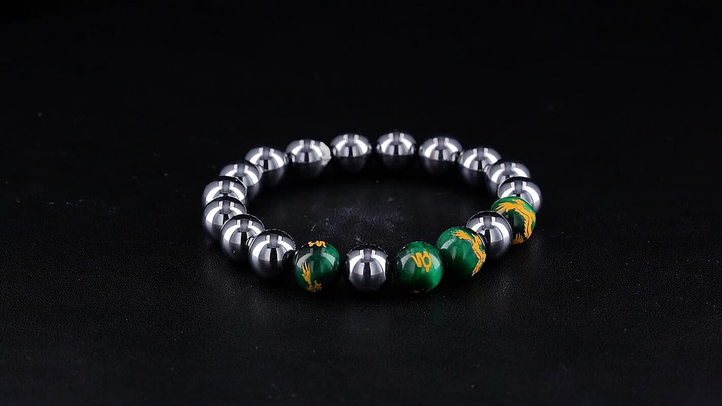 Enhanced Green Tigers Eye and Terahertz Beaded Stretch Bracelet 150.00 ctw
