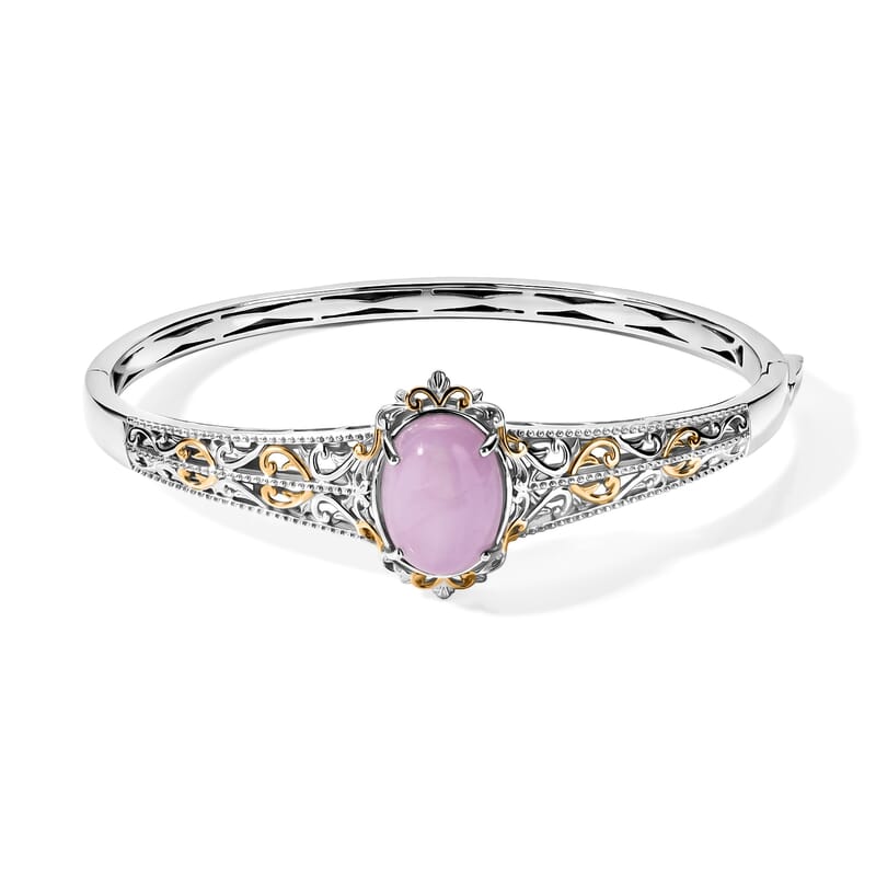 EverTrue Kunzite Royal Court Two Tone Bangle Bracelet 12.40 ctw in 18K YG Plated and Platinum Bond (7.25 In)