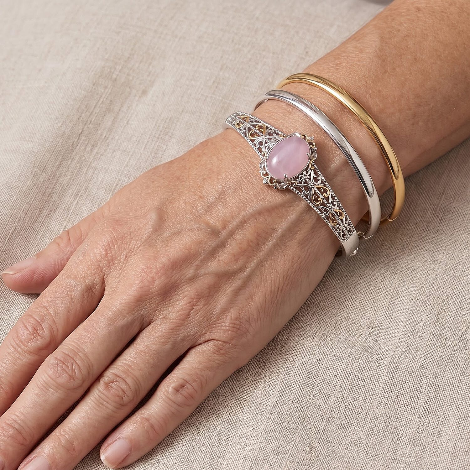 EverTrue Kunzite Royal Court Two Tone Bangle Bracelet 12.40 ctw in 18K YG Plated and Platinum Bond (7.25 In)