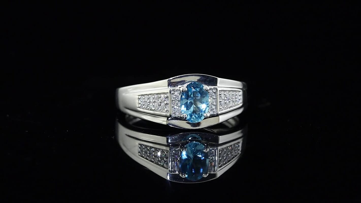 D'Joy Premium Betroka Blue Apatite, Moissanite Ring in Rhodium Over Sterling Silver (Size 10.0) 0.90 ctw