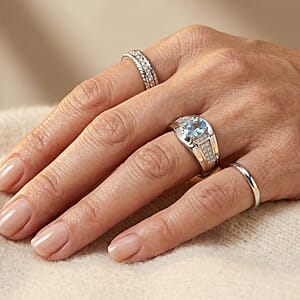 D'Joy Premium Betroka Blue Apatite and Moissanite 0.90 ctw Ring in Rhodium Over Sterling Silver (Size 10.0)