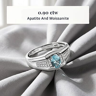 D'Joy Premium Betroka Blue Apatite and Moissanite 0.90 ctw Men's Ring in Rhodium Over Sterling Silver (Size 10.0)