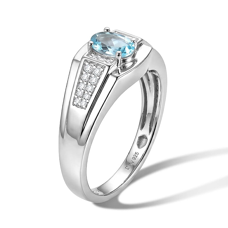 D'Joy Premium Betroka Blue Apatite and Moissanite 0.90 ctw Men's Ring in Rhodium Over Sterling Silver (Size 10.0)