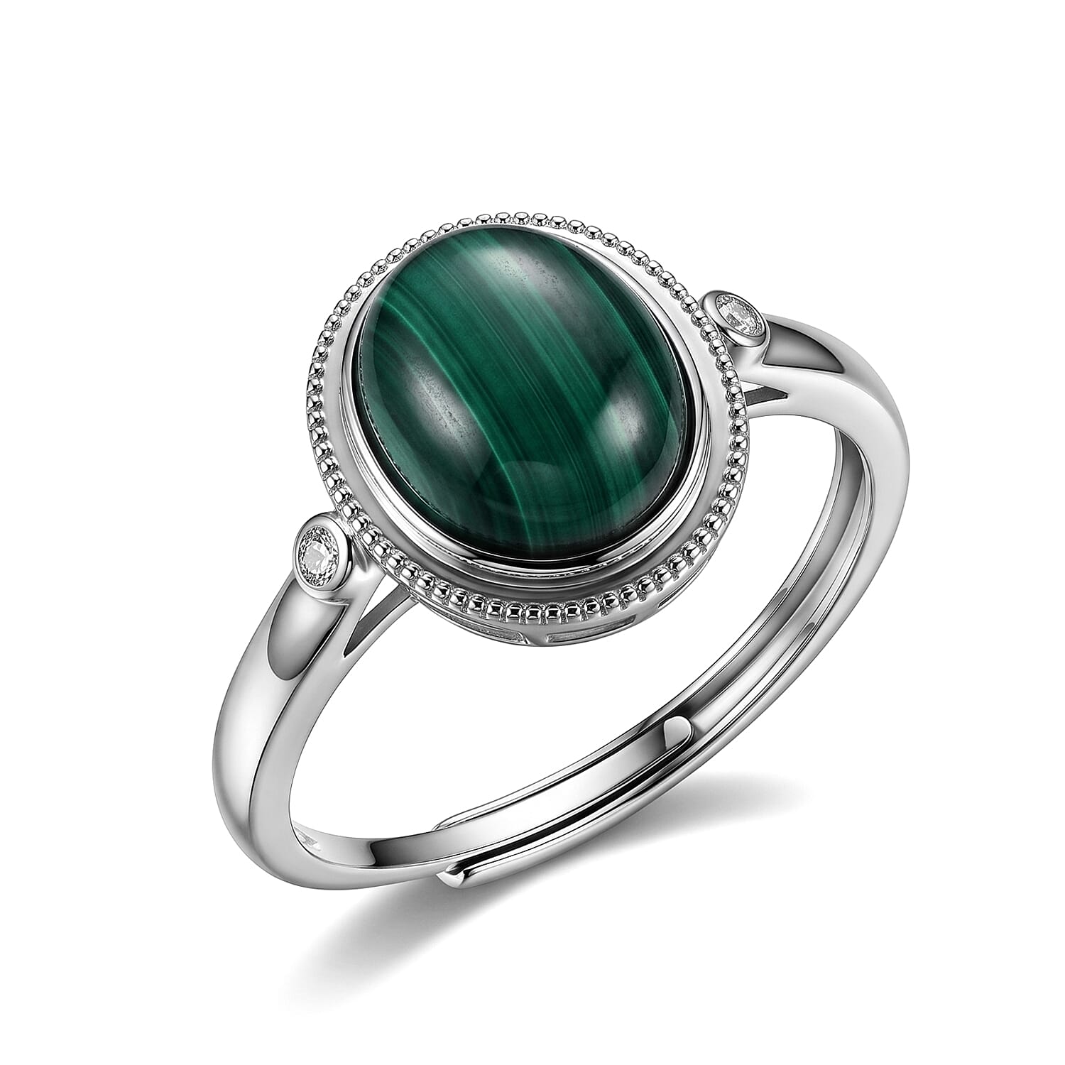 African Malachite and Simulated Diamond 4.00 ctw Ring in Silvertone (Adjustable)