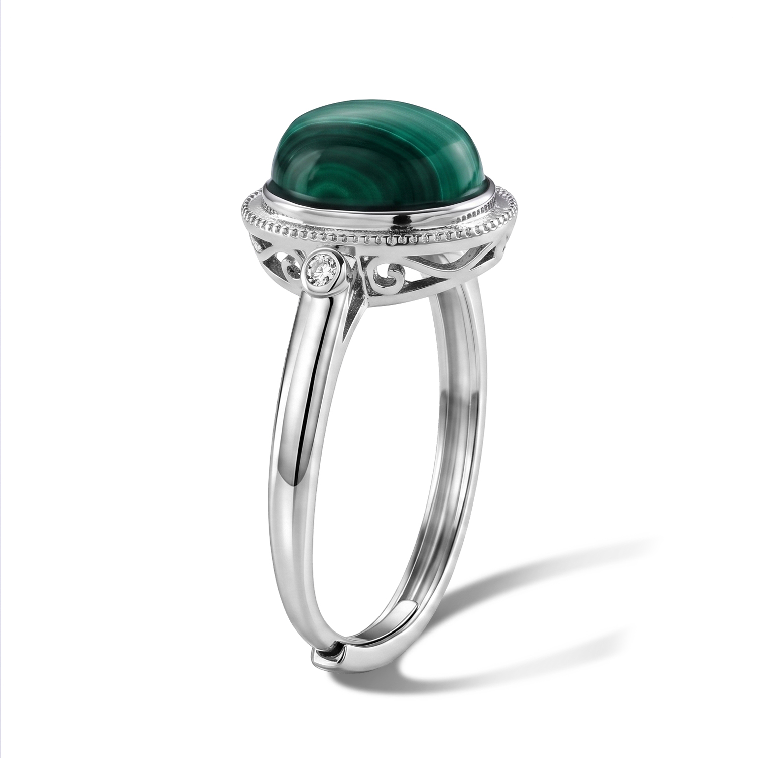 African Malachite and Simulated Diamond 4.00 ctw Ring in Silvertone (Adjustable)