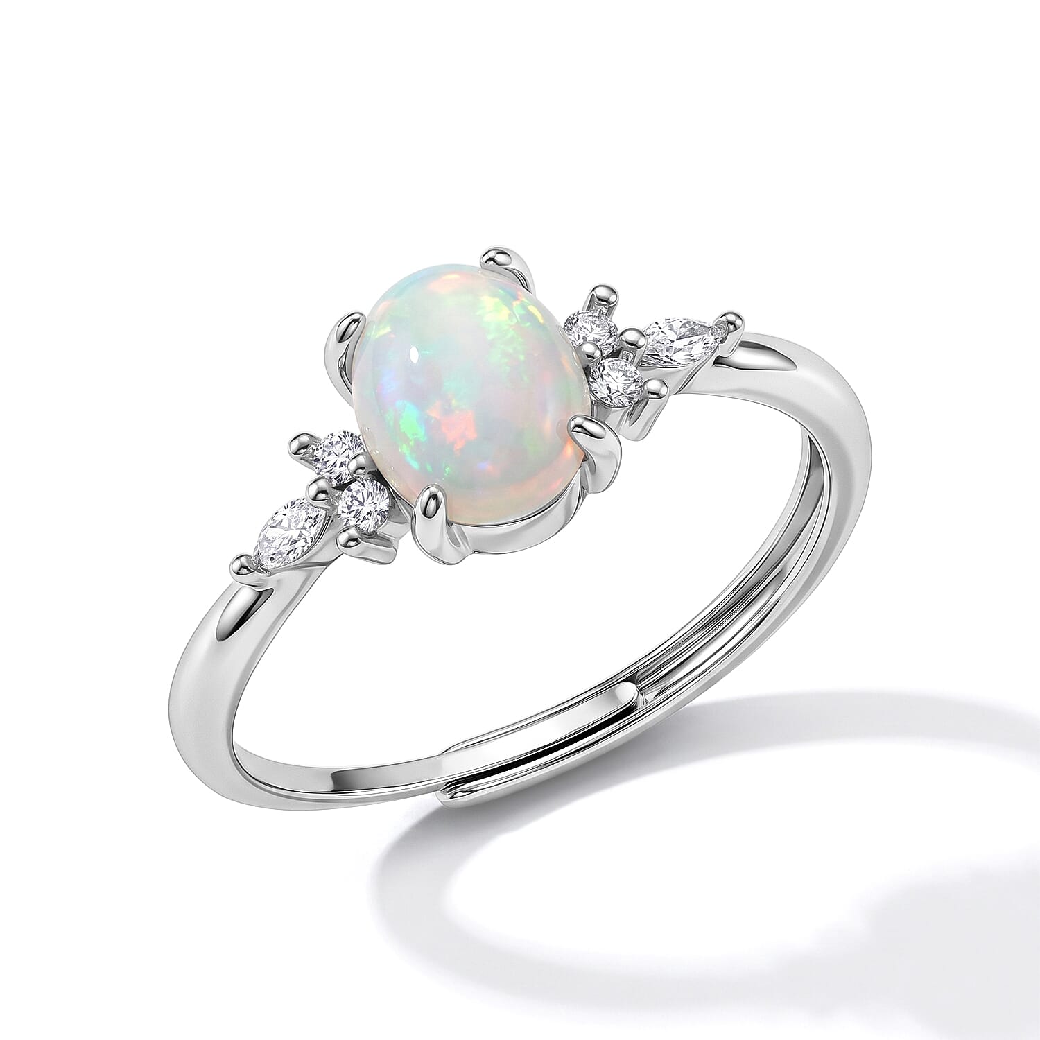 Opal and Simulated Diamond 3.00 ctw Ring in Silvertone (Adjustable)