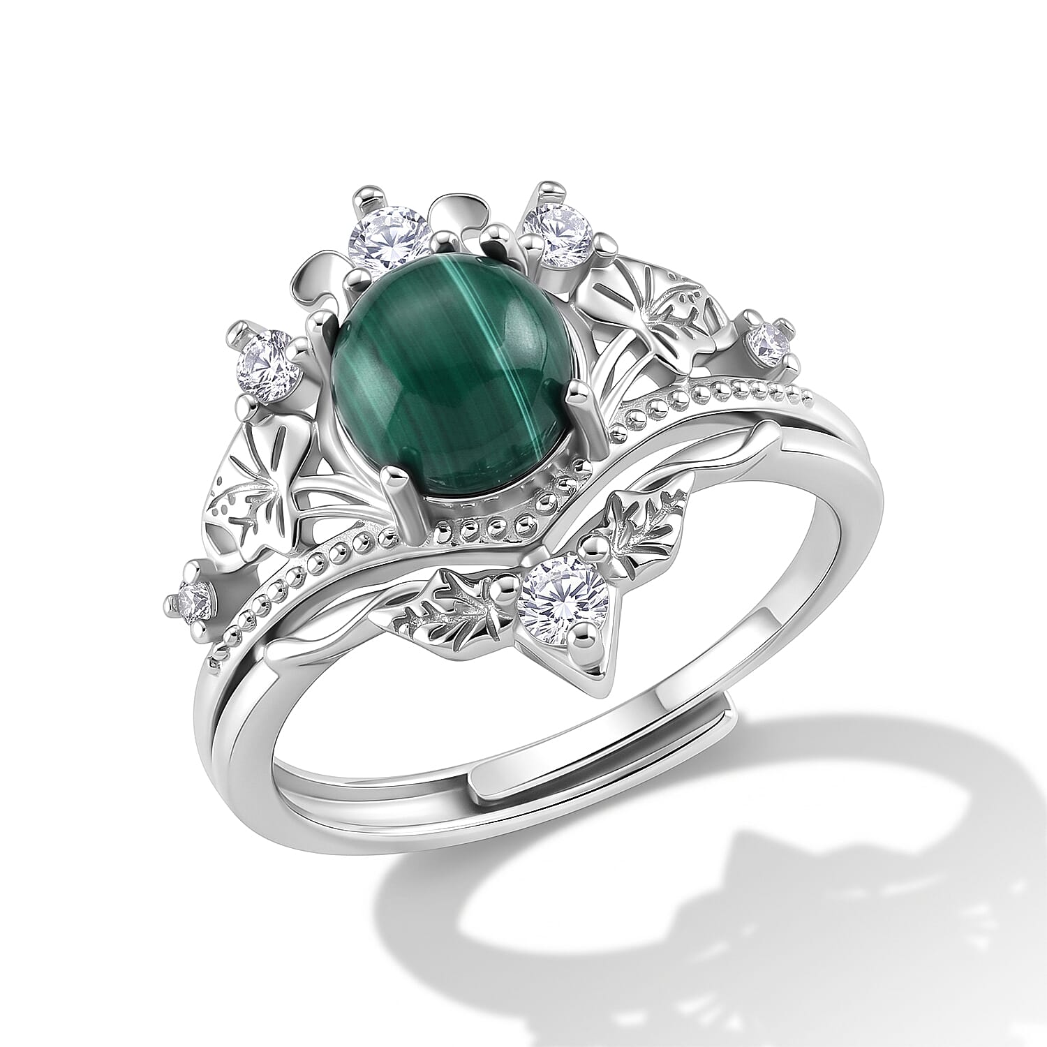 African Malachite and Simulated Diamond 4.00 ctw Ring in Silvertone (Adjustable)