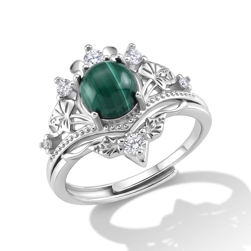 African Malachite and Simulated Diamond 4.00 ctw Ring in Silvertone (Adjustable)