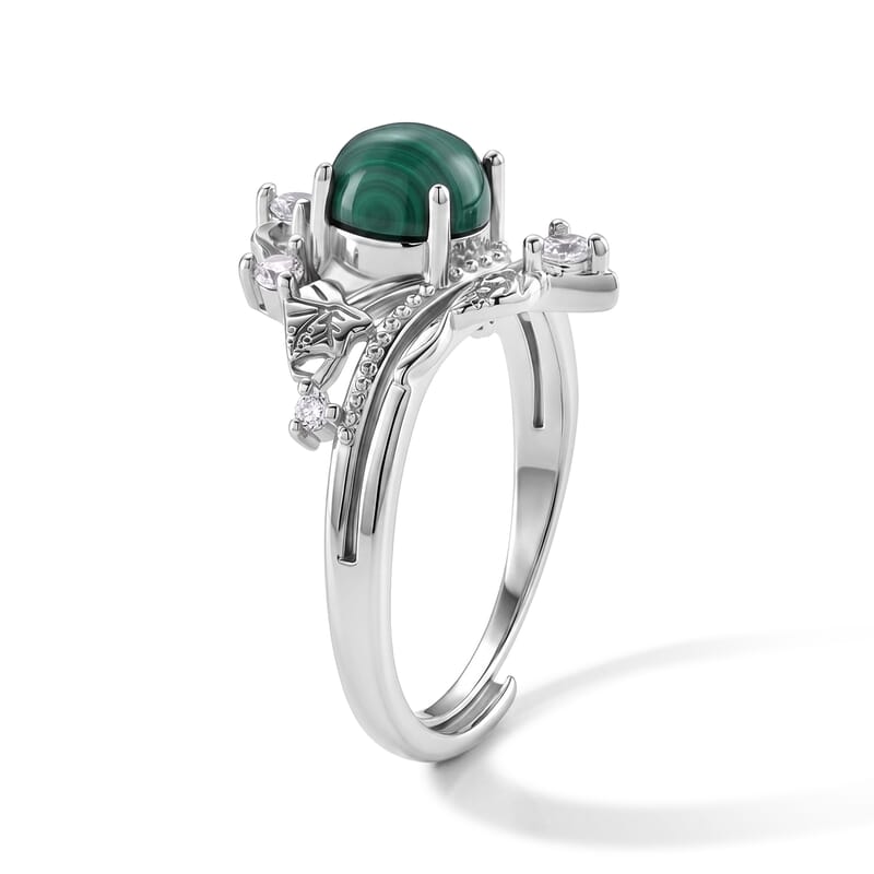African Malachite and Simulated Diamond 4.00 ctw Ring in Silvertone (Adjustable)