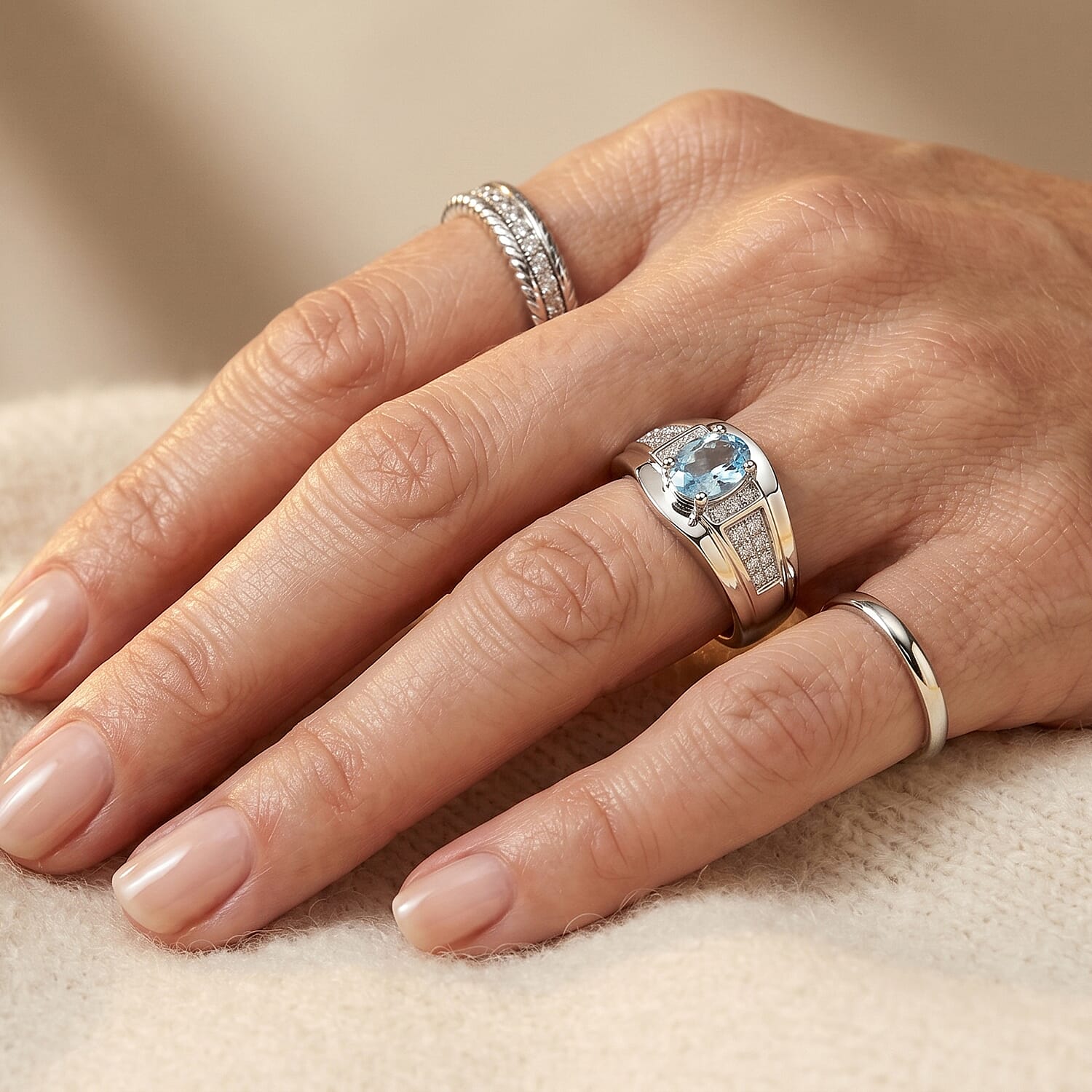 D'Joy Premium Betroka Blue Apatite and Moissanite 0.90 ctw Ring in Rhodium Over Sterling Silver (Size 9.0)