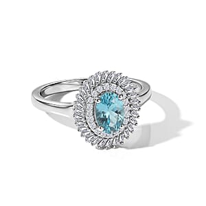 D'Joy Premium Betroka Blue Apatite and Diamond (0.36 cts) 1.20 ctw Ocean Crown Halo Ring in Rhodium Over Sterling Silver (Size 10.0)