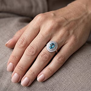D'Joy Premium Betroka Blue Apatite and Diamond (0.36 cts) 1.20 ctw Ocean Crown Halo Ring in Rhodium Over Sterling Silver (Size 10.0)