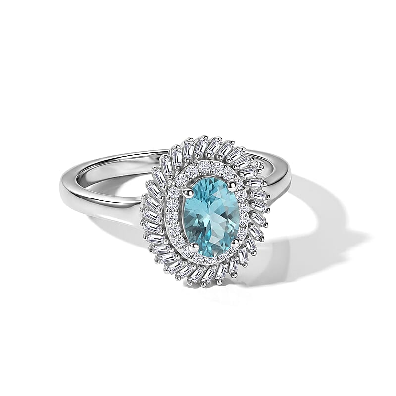D'Joy Premium Betroka Blue Apatite and Diamond 1.20 ctw Ocean Crown Halo Ring in Rhodium Over Sterling Silver (Size 5.0)