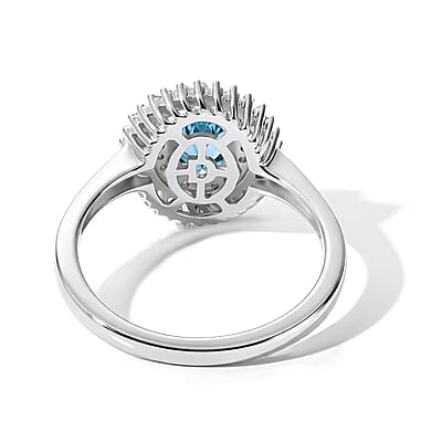 D'Joy Premium Betroka Blue Apatite and Diamond 1.20 ctw Ocean Crown Halo Ring in Rhodium Over Sterling Silver (Size 5.0)