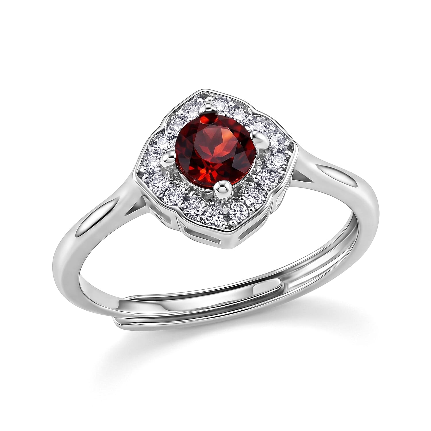 Mozambique Garnet and Simulated Diamond 2.05 ctw Ring in Silvertone (Adjustable)