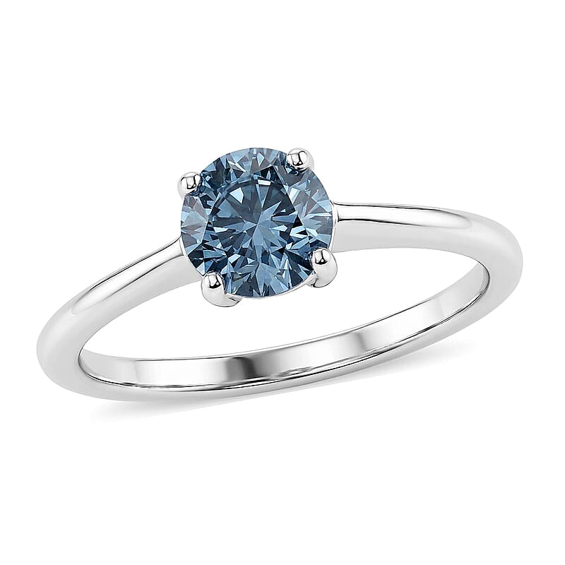 Luxuriant Lab Grown Blue Diamond (IR) SI 1.00 ctw Solitaire Ring in Rhodium Over Sterling Silver (Size 6.0)