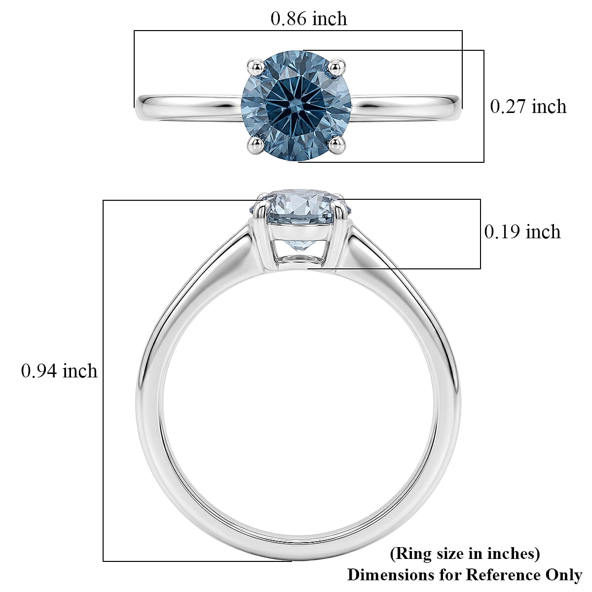Luxuriant Lab Grown Blue Diamond (IR) SI 1.00 ctw Solitaire Ring in Rhodium Over Sterling Silver (Size 9.0) image number 5