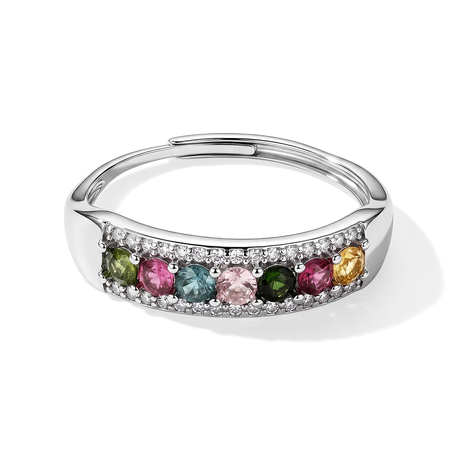 Multi-Tourmaline and Simulated Diamond 1.05 ctw Ring in Silvertone (Adjustable)