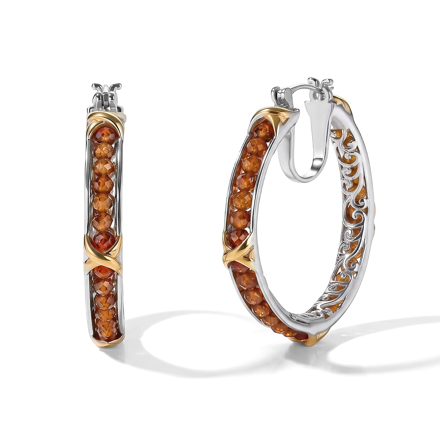 EverTrue Hessonite Garnet 15.00 ctw Beaded Hoop Earrings in 18K YG Plated and Platinum Bond