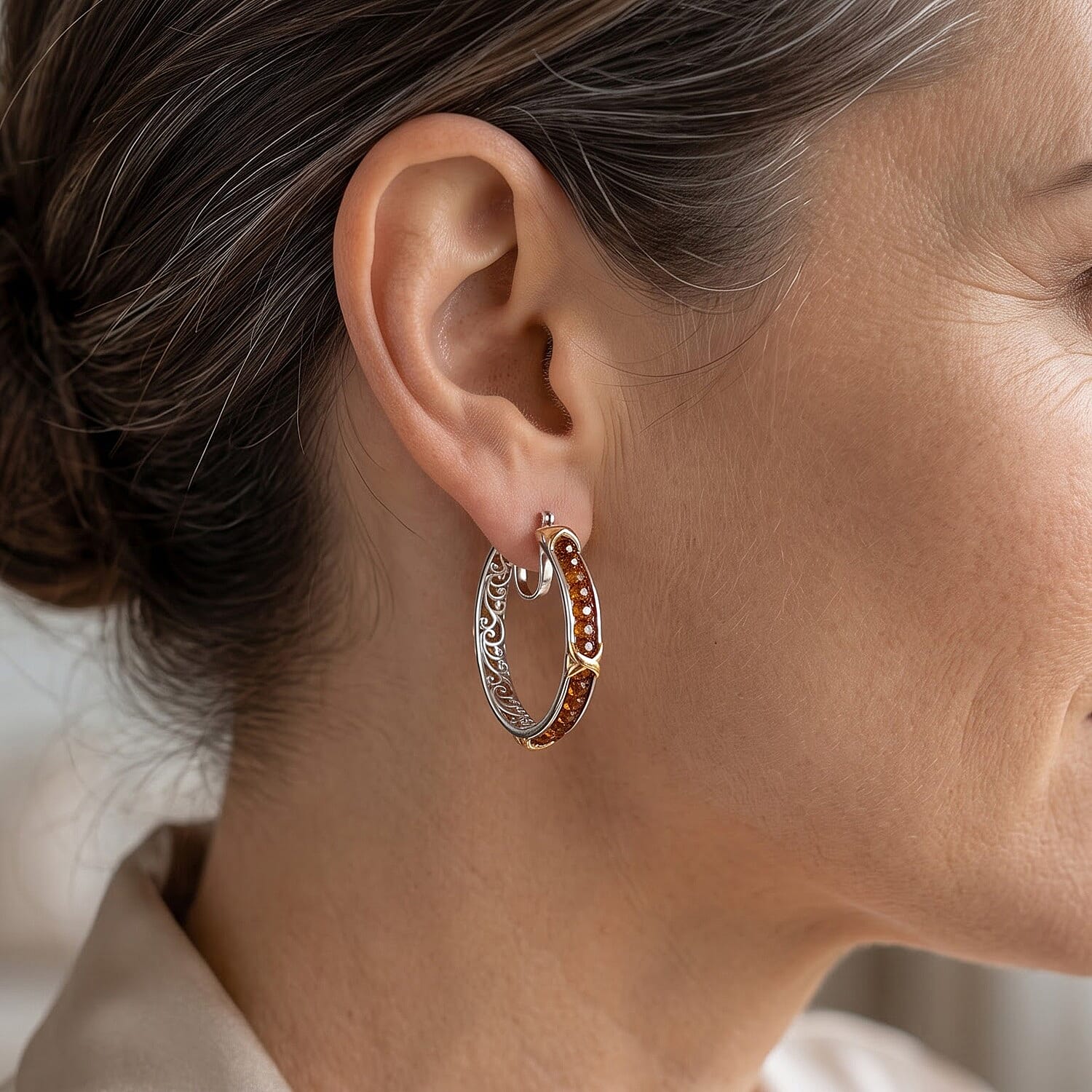 EverTrue Hessonite Garnet 15.00 ctw Beaded Hoop Earrings in 18K YG Plated and Platinum Bond