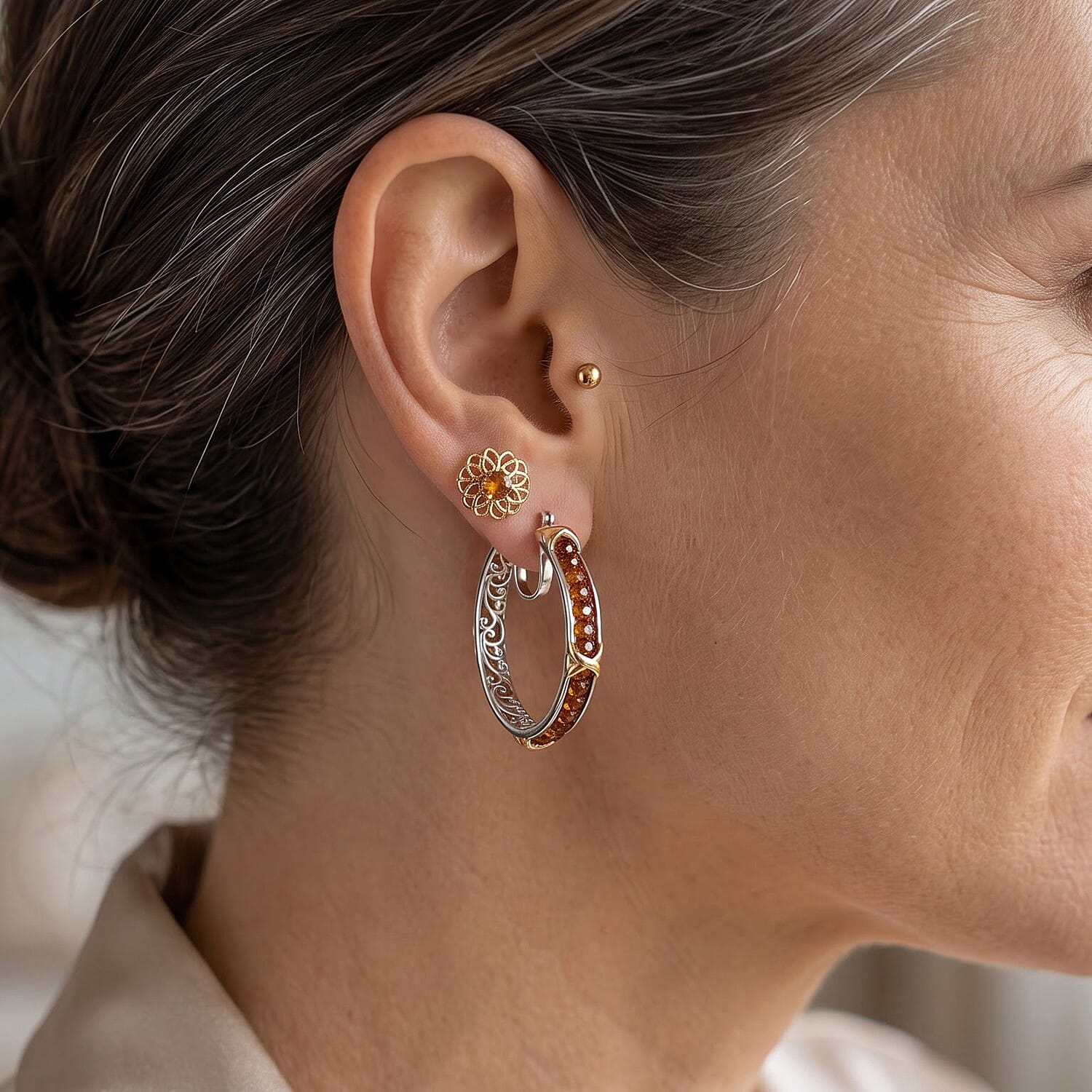 EverTrue Hessonite Garnet 15.00 ctw Beaded Hoop Earrings in 18K YG Plated and Platinum Bond