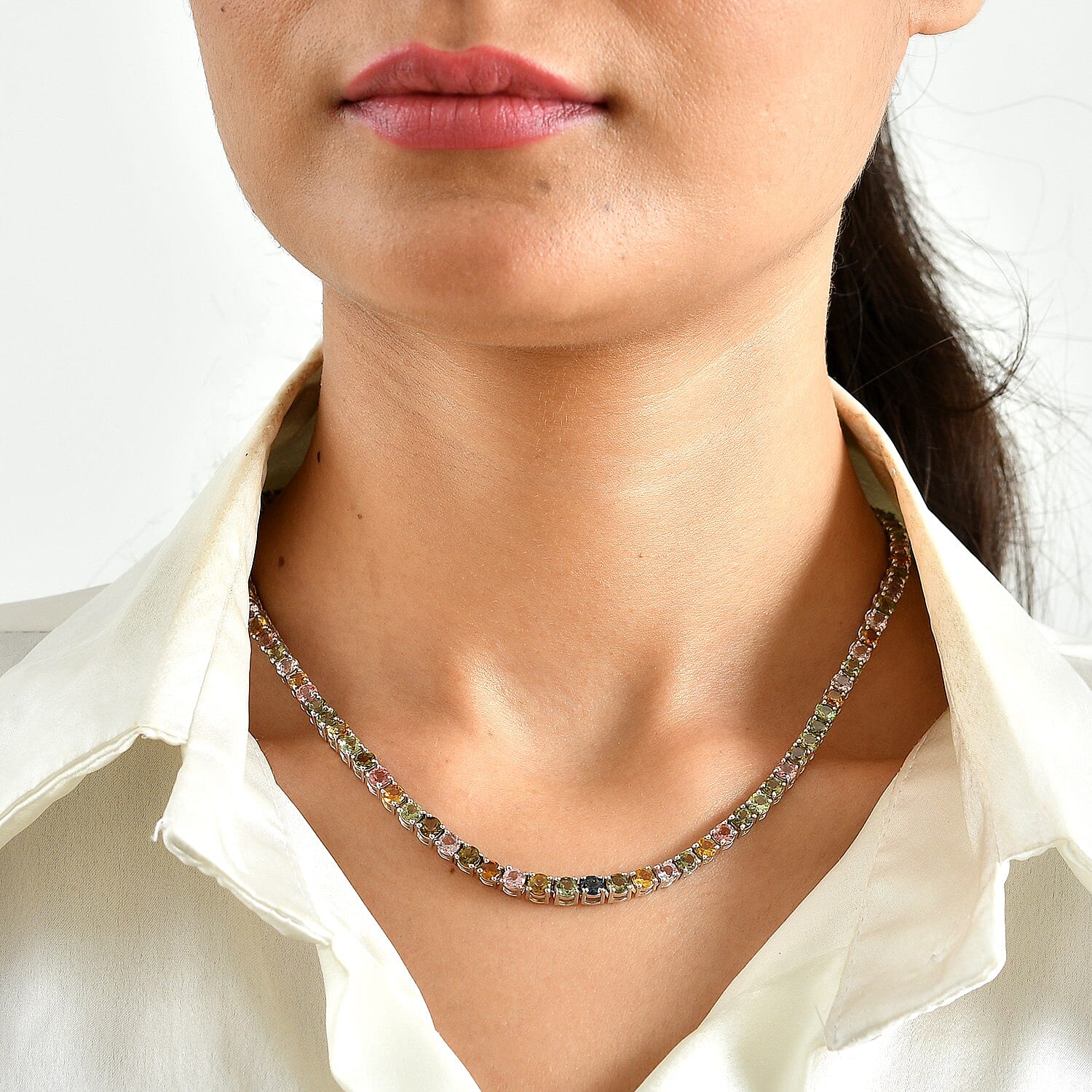 D'Joy Premium Multi-Tourmaline 26.90 ctw Necklace in Rhodium Over Sterling Silver 18 Inches
