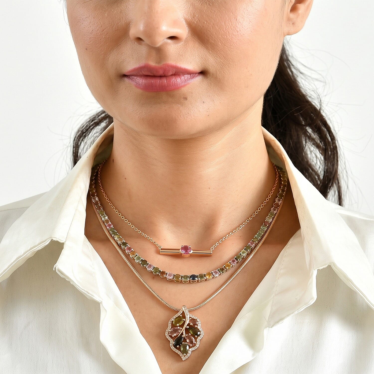 D'Joy Premium Multi-Tourmaline 26.90 ctw Necklace in Rhodium Over Sterling Silver 18 Inches