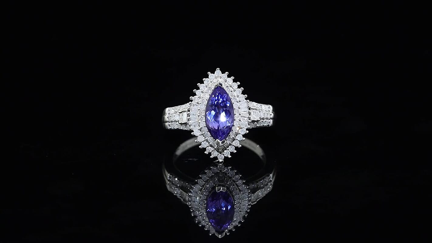 D'Joy Premium Tanzanite, Diamond (0.50 cts) Ring in Rhodium Over Sterling Silver (Size 7.0) 1.50 ctw