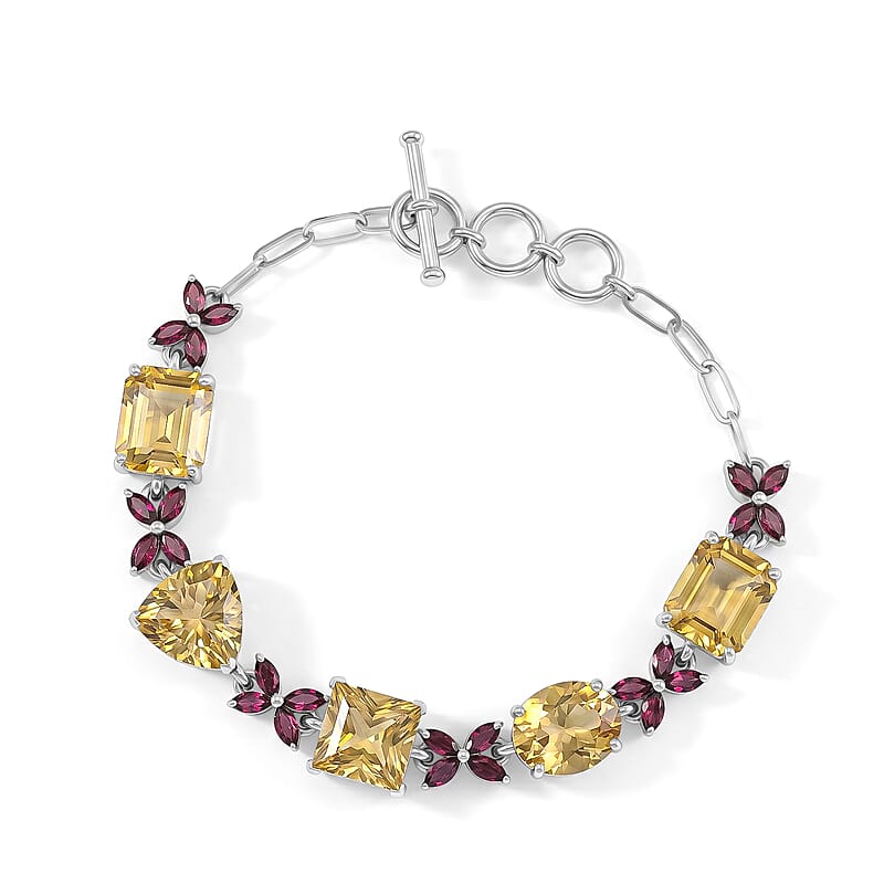 D'Joy Yellow Labradorite, Ouro Fino Rubellite Sunlit Blossom Bracelet in Rhodium Over Sterling Silver (6.50 In) 28.30 ctw
